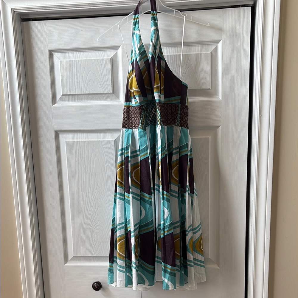 Carmen Marc Valvo aqua/white/plum cotton Halter Sundress EUC